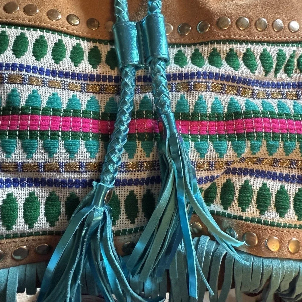 PITI CUITI Boho Suede Fringe Drawstring Large Bucket Multicolor Bag Made France